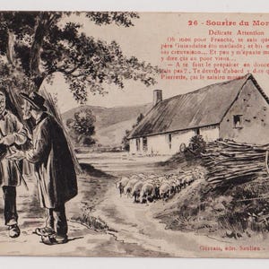 SOUVIVE du MORVAN, PASTORI e il loro gregge di pecore, Cottage, Antica cartolina d'artista francese, c1910