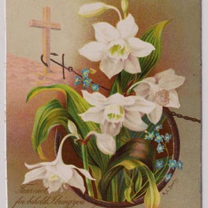 KRUIS en anker, LENTEBLOEMEN, M L Bewley, heerlijke Victoriaanse religieuze kerstkunstenaar wenskaart, jaren 1890, Raphael Tuck