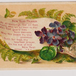Violettes et fougères, délicieuse carte d'artiste de voeux pour le Nouvel An victorien, Marcus Ward, c1890