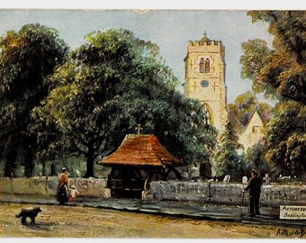 Postal antigua de artista, Iglesia de Beddington, Surrey, Alfred de Breanski, Tucks 7723, c1910