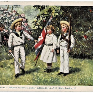 BAMBINI PATRIOTTICI, Ispezione delle truppe!, Antica cartolina dell'artista britannico, J Williamson, da "Children's London" di G E Mitton, datata 1909