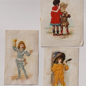 Victoriaanse kladjes, ca. 1890-1900, MEISJE in mand en bloemen KINDEREN, lot van 3, zijden stoffen, nieuwigheid, Chocolat Carpentier