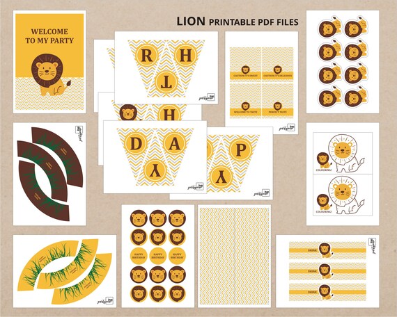 Lion Theme Printable Dekorations / Printable DIY/ Birthday Party  Decorations / Printables LION Pdf DIY / Safari Animals Children's Birthday  