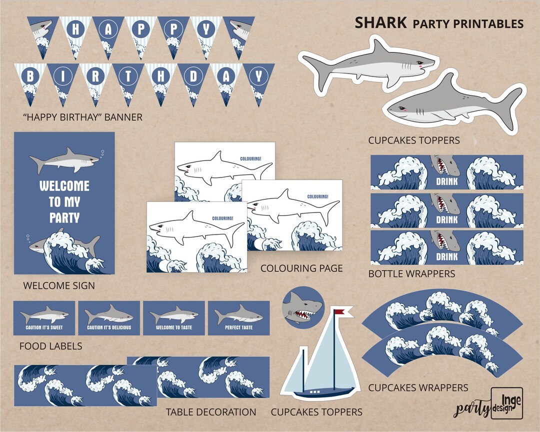 Shark Party Theme Printable / DIY Birthday Party Decorations ...
