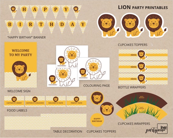 Lion Theme Printable Dekorations / Printable DIY/ Birthday Party  Decorations / Printables LION Pdf DIY / Safari Animals Children's Birthday  