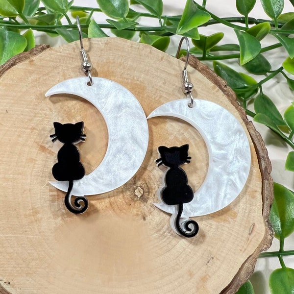 Cat and Pearl Moon Earrings | Free Shipping | Hypoallergenic Surgical Steel | Ready to Ship | Light Weight