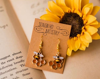 Delightful Resin Bee and Honeycomb Earrings  | Free Shipping | Hypoallergenic Surgical Steel