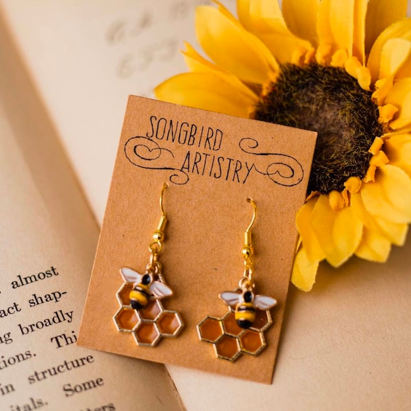 Delightful Resin Bee and Honeycomb Earrings  | Free Shipping | Hypoallergenic Surgical Steel | Ready to Ship | Unique Jewelry