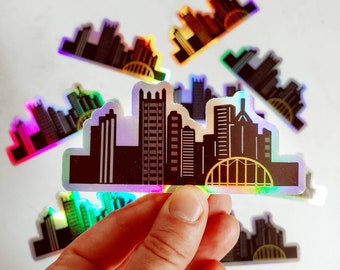 Holographic Waterproof Vinyl Pittsburgh Skyline Sticker | Small Sticker | Free Shipping  | Yinzer Gift | 412 | PGH | Bridges