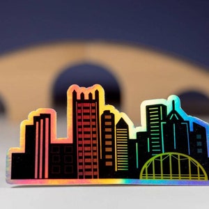 Holographic Waterproof Vinyl Pittsburgh Skyline Bumper Sticker | Large | Free Shipping  | Yinzer Gift | 412 | PGH | Bridges