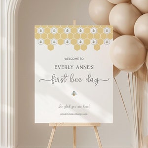 First Bee Day Birthday Welcome Sign Template | 1st Bee-Day Party Sign | First Birthday Minimalist Table Sign | First Bee-Day Poster Template