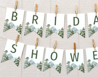 Adventure Bridal Shower Banner Template | Mountain Bridal Shower Printable Banner | Watercolor Forest | Mountain Scene Editable Banner