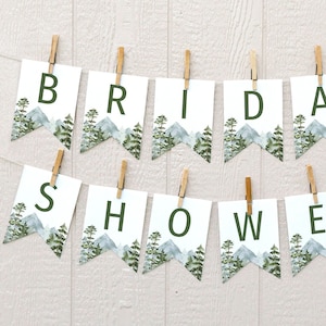 Adventure Bridal Shower Banner Template | Mountain Bridal Shower Printable Banner | Watercolor Forest | Mountain Scene Editable Banner