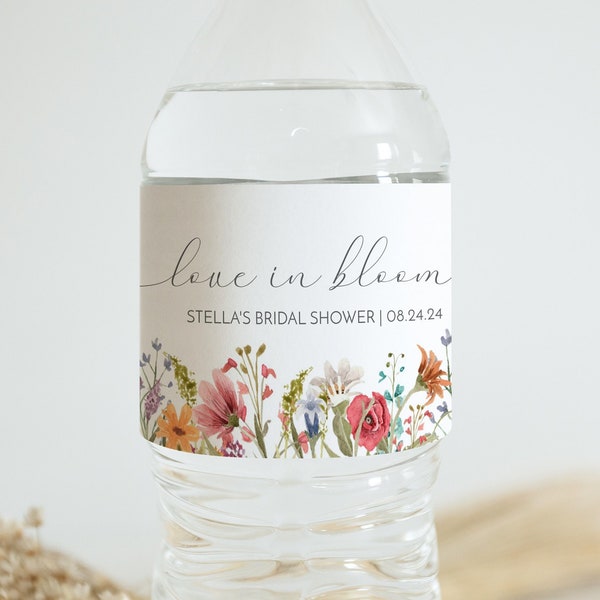 Love In Bloom Bridal Shower Water Bottle Label | Garden Flowers Bridal Shower | Wildflower Bottle Wrap | Floral Water Bottle Label