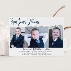 Boy Baptism Invitation, Boy Baptism Invitation with Three Pictures, Picture Invitation, LDS Baptism Invitation, Editable Template