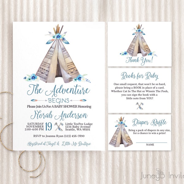 Tee Pee Baby Adventure Begins Baby Shower Invite, Adventure Awaits Shower, Watercolor Tee Pee Invite, Cute Boho Baby Shower