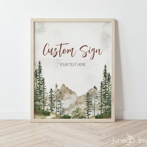 Watercolor Forest Custom Sign, Custom Sign with Mountain and Trees, Watercolor Trees Woodland Sign, Editable Custom Sign