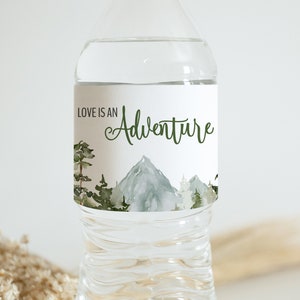Love Is An Adventure Water Bottle Label |  Mountain Bridal Shower Water Bottle Label | Adventure Bridal Shower | Forest Water Bottle Tag