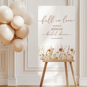 Herbst Brautparty Willkommen Schild Vorlage | Verlieben In Liebe Brautparty Poster | Boho Herbst Blumen Willkommen Dusche Zeichen | Bearbeitbare Vorlage
