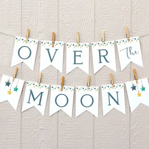 Over The Moon Baby Shower Editable Banner, Banner Template With Gold Moon and Blue Stars, Watercolor Moon and Stars In Blue and Gold