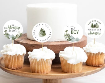The Adventure Begins Cupcake Toppers | Let The Adventure Begin Baby Shower | Mountain Baby Shower Cupcake Topper | Editable Template