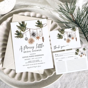 Merry Little Bridal Shower Invitation With Evergreen and Ornaments | Christmas Bridal Shower Invitation | Minimalist Bridal Shower