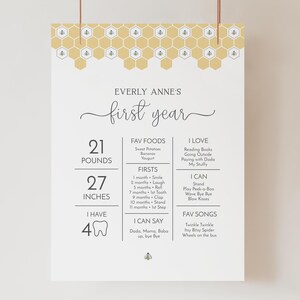 affiche d'anniversaire du premier jour des abeilles | Affiche imprimable de la première année de bébé | Tableau modifiable des jalons du 1er anniversaire | Signe de statistiques d'anniversaire