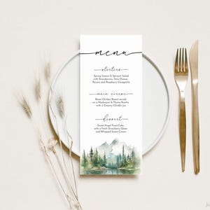 Modèle de menu de mariage imprimable | Thème forêt de montagne | Menu rustique du dîner de mariage | Table de douche nuptiale Mountain