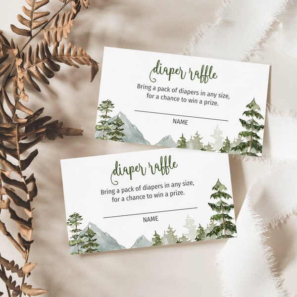 Adventure Begins Diaper Raffle Card |  Mountain Baby Shower Games | Woodland Diaper Raffle Ticket | Forest Raffle Card | Editable Template