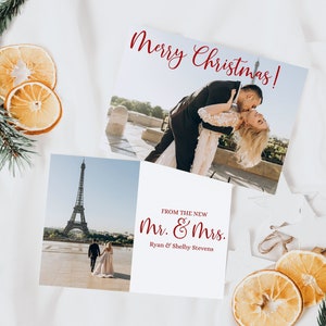 Joyeux Noël de la nouvelle carte de M. et Mme, carte photo de Noël des nouveaux mariés, première carte de Noël, carte modifiable Just Married