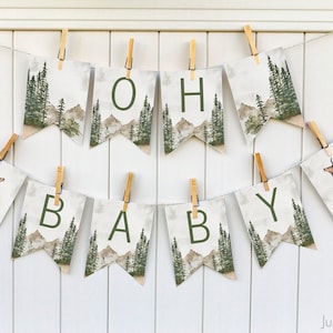 Oh Baby Watercolor Forest Baby Shower Banner | Mountain Baby Shower Banner | Watercolor Mountain Scene Oh Baby Banner | Oh Baby Shower