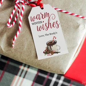 Etiqueta de regalo de chocolate caliente, etiqueta de cacao de Navidad imprimible, deseos cálidos de invierno, etiquetas de favor de cacao, etiqueta de Navidad, editar con Corjl