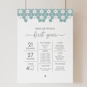 affiche d'anniversaire du premier jour des abeilles | Affiche imprimable de la première année de bébé | Tableau modifiable des jalons du 1er anniversaire | Signe de statistiques d'anniversaire