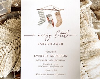 Weihnachten-Babyparty-Einladungsvorlage, eine fröhliche kleine Babyparty, neutraler Strumpf Urlaub einladen, Winter-Babyparty-Digital-Download