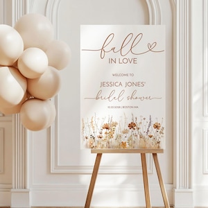 Herbst Brautparty Willkommen Schild Vorlage | Verlieben In Liebe Brautparty Poster | Boho Herbst Blumen Willkommen Dusche Zeichen | Bearbeitbare Vorlage