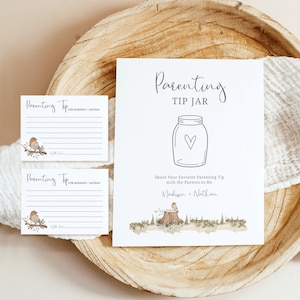 Op de afbeelding: Een printbaar bord voor een pot met opvoedtips met een handgetekend plaatje van een glazen pot met een hartje. Het bord staat er "Parenting Tip Jar" en "Deel je favoriete opvoedtip met de aanstaande ouders, Madison Nathan".