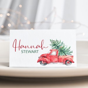 Aquarell kleiner roter LKW-Weihnachtstischkartenvorlage, bearbeitbare Feiertags-Tischkarten, Vintage-Weihnachtsparty-Namenskarte