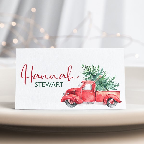 Watercolor Little Red Truck Christmas Place Card Template, Editable Holiday Place Cards, Vintage Christmas Party Name Card