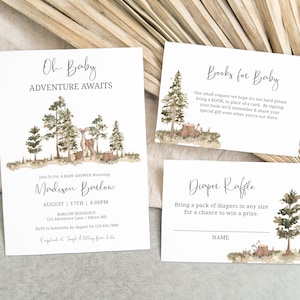 Oh Baby avontuur wacht op aquarel bos baby shower uitnodiging | Berg babyshower | Uitnodiging voor baby shower van aquarel bomen