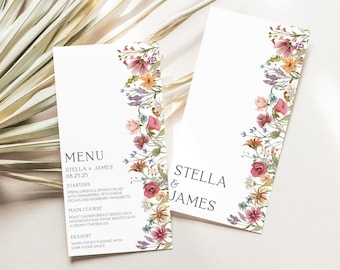 Op de afbeelding: Huwelijksmenukaart met een bloemmotief met roze, oranje en gele bloemen. De tekst luidt "MENU STELLA & JAMES 08.25.25 STARTERS SPRING GREENS & SPINACH SALAD WITH STRAWBERRY, FETA CHEESE, PECANS AND RASPBERRY VINAIGRETTE MAIN COURSE ROAST CHICKEN BREAST SERVED ON A MUSHROOM AND THYME RISOTTO WITH A CREAMY CHICKEN JU  DESSERT WARM STICKY PUDDING WITH DARK FUDGE SAUCE"