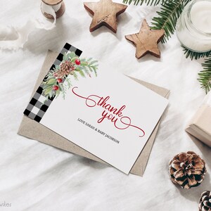 Modello di biglietto di ringraziamento per baby shower di Natale / Babbo Natale per baby shower / Note di ringraziamento per bebè / Biglietto di ringraziamento stampabile / Plaid di bufalo