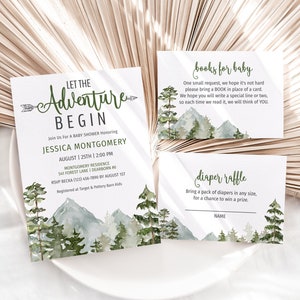 Let The Adventure Begin Baby Shower Invitation | Woodland Baby Shower Invitation | Mountain Baby Shower Invitation Set | Baby Boy Shower