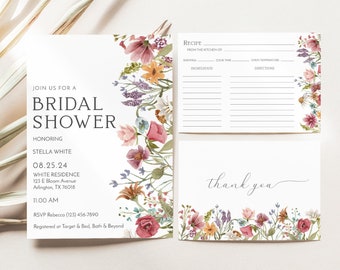 Invitación para despedida de soltera con flores silvestres, tarjeta con receta floral y nota de agradecimiento (plantilla editable)