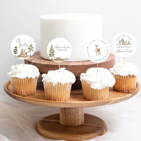Oh Baby Adventure Awaits Cupcake Toppers | The Adventure Begins Baby Shower | Mountain Baby Shower Cupcake Topper | Editable Template
