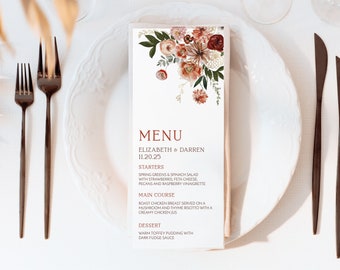Sjabloon bruiloftsmenu herfst | Dinermenu roestbloemen (bewerkbaar)