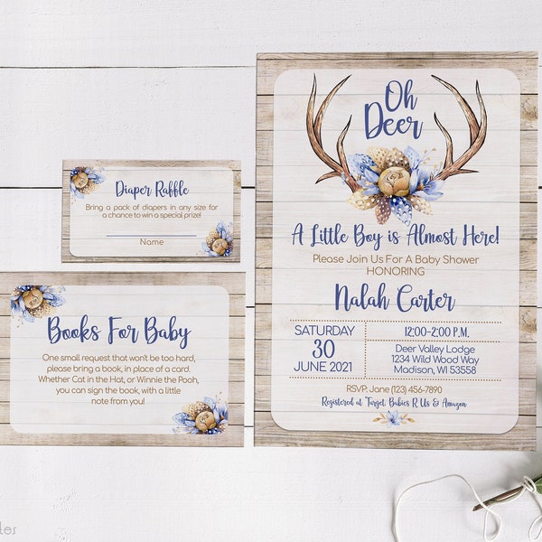 Oh Deer Baby-Dusche-Einladung, Baby-Dusche-Einladung für Jungen, Aquarell-Geweih-Einladung, Wald-Baby-Dusche-Einladungssuite