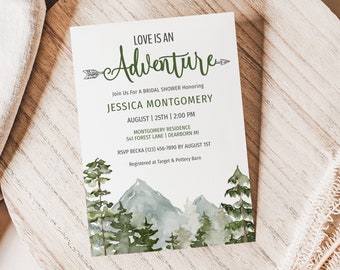 May include: A bridal shower invitation with a watercolor illustration of mountains and trees. The text reads "Love is an Adventure" and includes the bride's name, date, time, and location. RSVP information is also included.