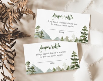 Adventure Begins Diaper Raffle Card |  Mountain Baby Shower Games | Woodland Diaper Raffle Ticket | Forest Raffle Card | Editable Template