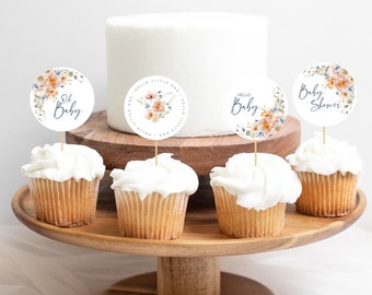 Floral Baby Shower Cupcake Toppers: Navy Blue & Peach (Editable Template)