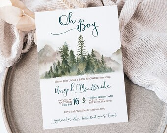 May include: A baby shower invitation with a watercolor illustration of a mountain range and pine trees. The text reads "Oh Boy" and "Please Join Us for a Baby Shower Honoring Angel McBride". The invitation includes the date, time, location, and RSVP information.